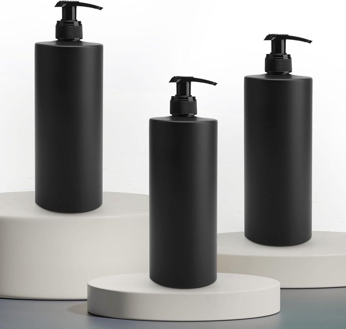 Set van 3 Zwarte Matte Zeepdispensers van 500ml - Minimalistische Luxe Pompflessen voor Douchegel en Shampoo met 20 Waterdichte Labels