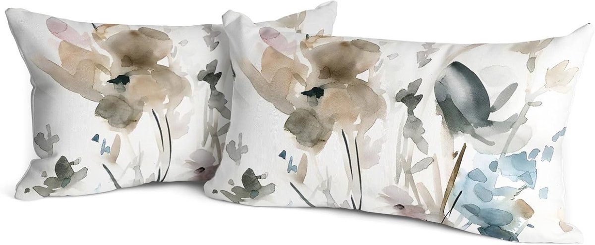 Floral Kussenslopen met Waterverf Bloemen in Bruin, Grijs en Teal - Set van 2 voor Sofa, Slaapkamer en Buitengebruik - 30x50cm Decoratie