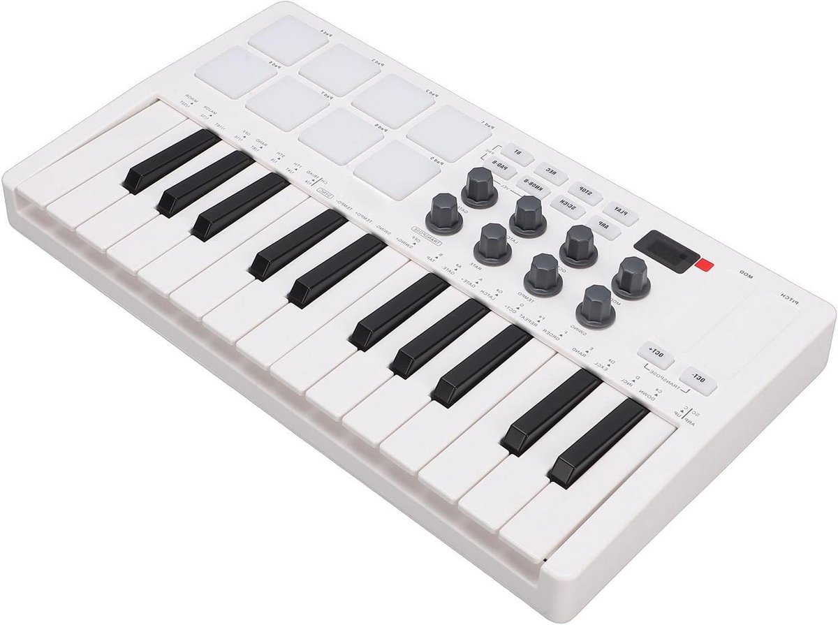 MIDI Keyboard Controller - Muziek Productie - Muziek Maken - 25 Gevoelige Toetsen - 8 RGB Pads - Wit