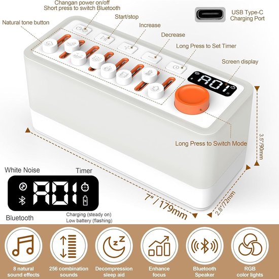 Witte ruismachine - Slaapgeluid machine - Ontspanning en slaap - 8 natuurgeluiden mixer - 180 x 90 x 73 mm — afbeelding 3