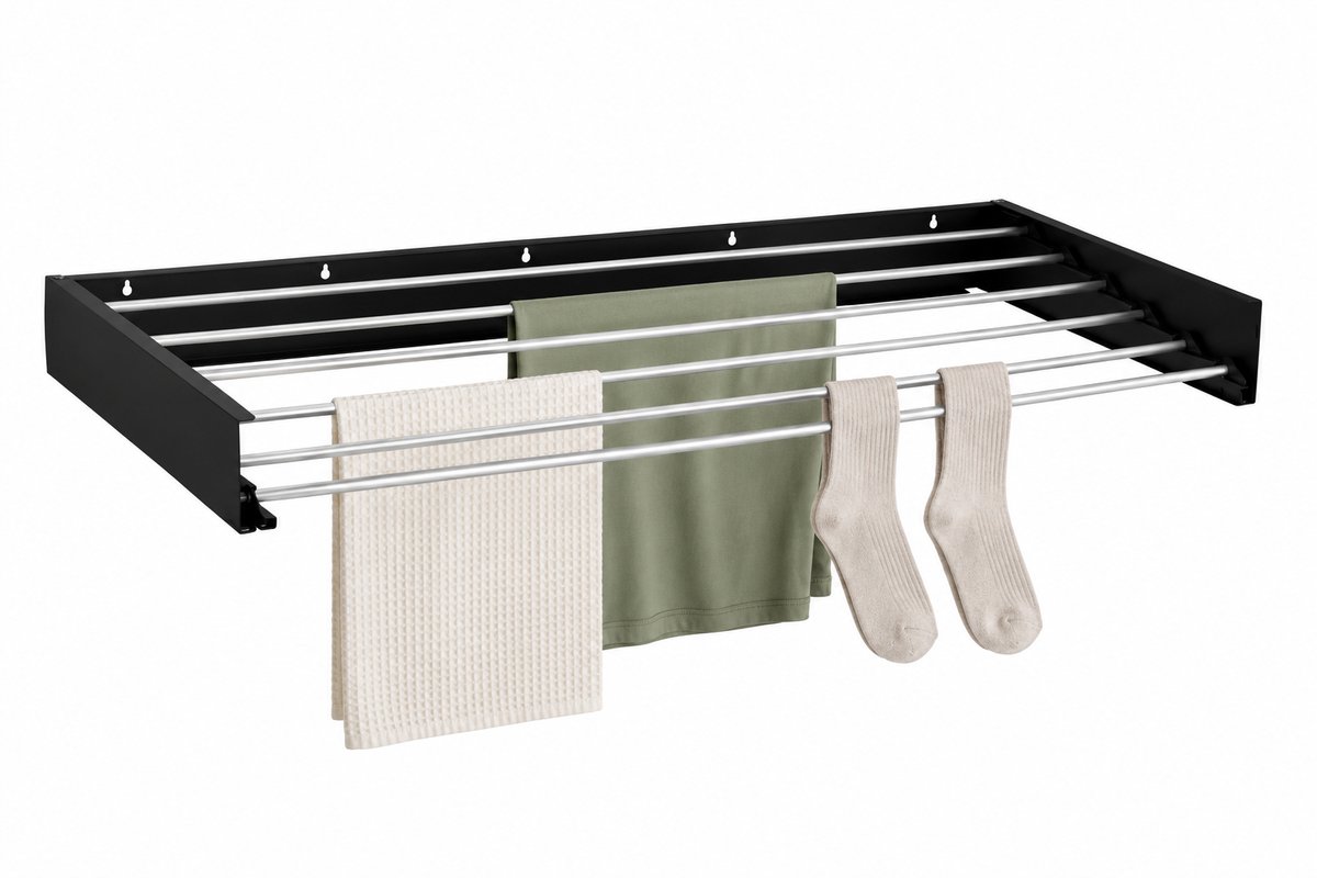 Home&Garden Wanddroogrek Inklapbaar 100 cm Zwart - 6 Meter Drooglengte - Wasrek Hangend - Wandmontage voor Binnen en Buiten