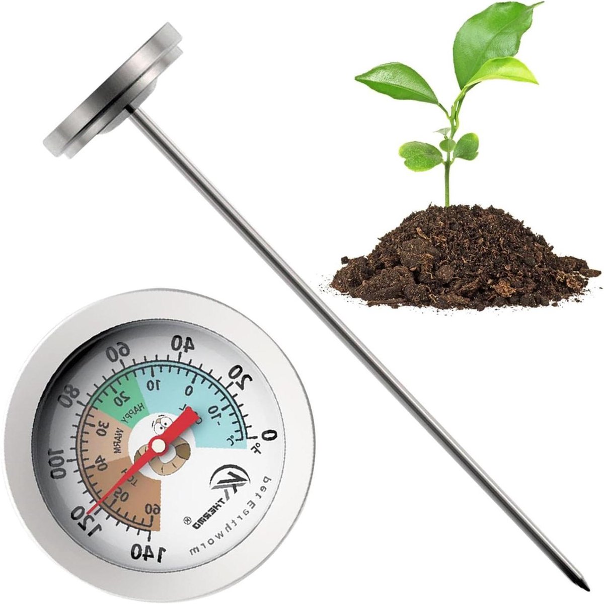 Bodemthermometer Tuinieren - Grondthermometer Compost - Compost Temperatuur Meten - Roestvrij Staal Mechanisch - 20 cm Diep - Zilver
