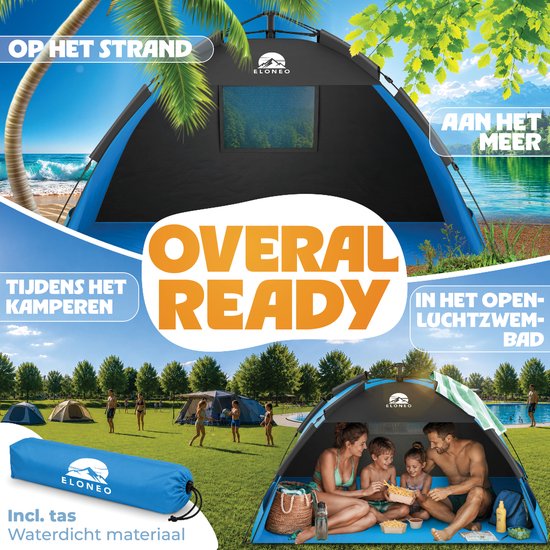 ELONEO Pop-up Strandtent UV-bescherming 80+, Lichtgewicht en compact inkl. draagtas, Strandzonwering & windbescherming voor baby’s en volwassenen - XL Blauw van ELONEO — afbeelding 4