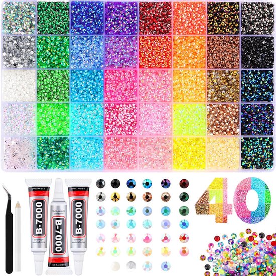 Grote set van 32.000 strass steentjes in 40 kleuren en maten, inclusief 3 tubes B-7000 lijm, pincet, stift, en decoratie-ideeën zoals het cijfer '40'.