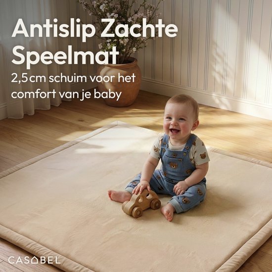 CASABEL Baby speelmat van fluweel in crèmewit 150×180 cm, dik en zacht, schuim, antislip onderkant — afbeelding 4