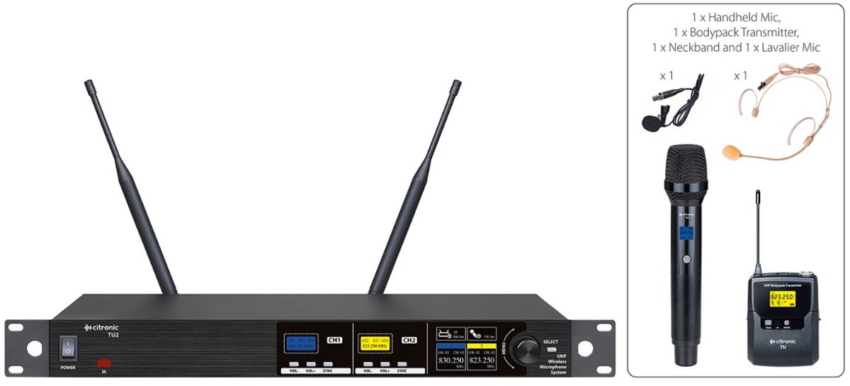 Citronic TU2-C Draadloos microfoonsysteem met 1 hand en 1 headset microfoon