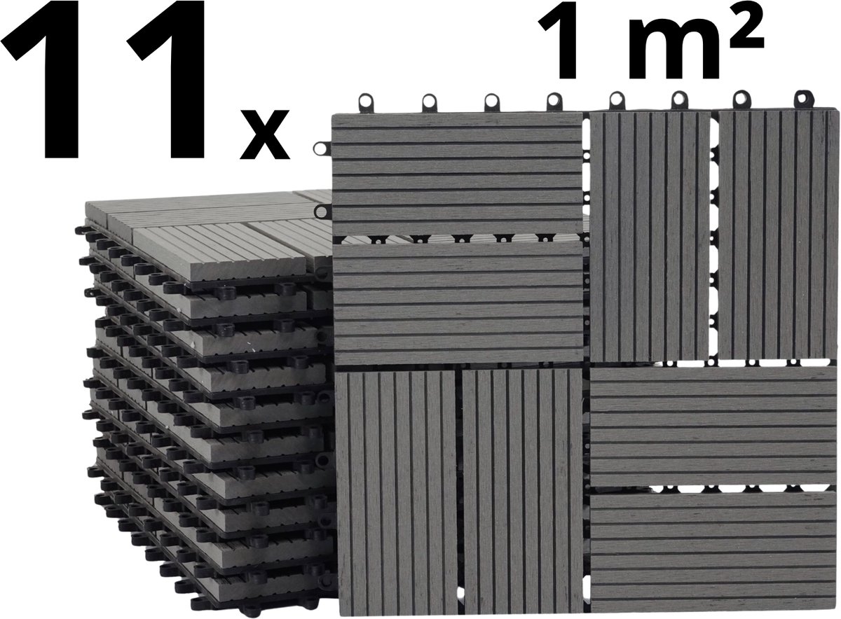 Terrastegels - WPC Composiet Kunststof - 11 Stuks - 1 m² - Grijs - 8 Latjes - Vlondertegels - Balkontegels - Onderhoudsvrij - Makkelijke en Snelle Montage