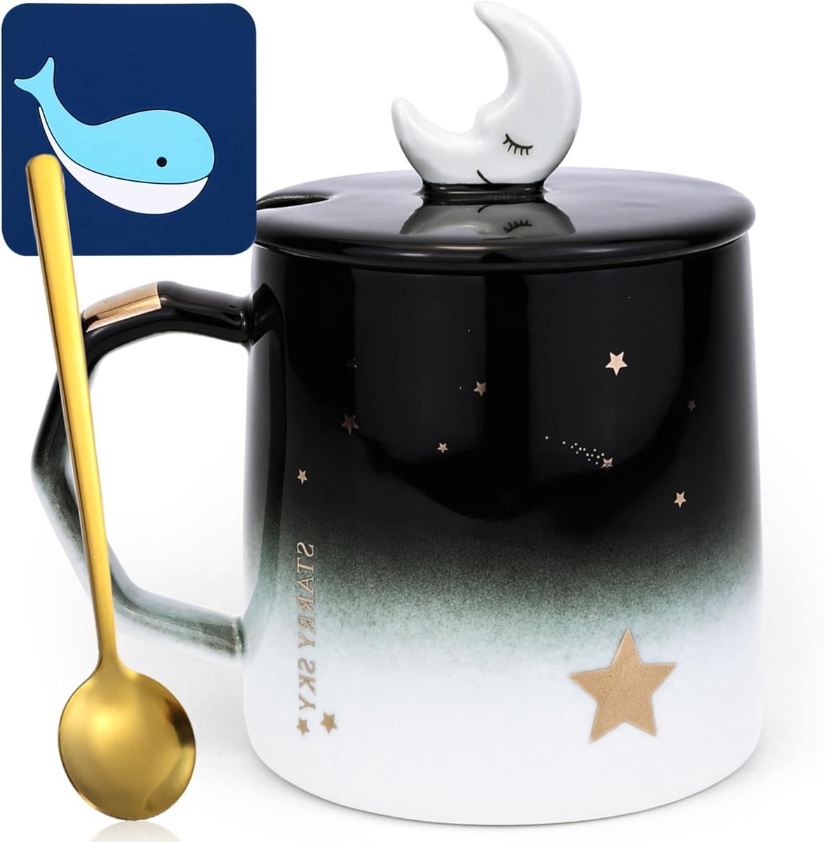 Schattige 3D Mok met Deksel en Lepel - Ster & Maan Theemok, Koffiemok, Perfect Cadeau voor Vrouwen en Meisjes, 420ml
