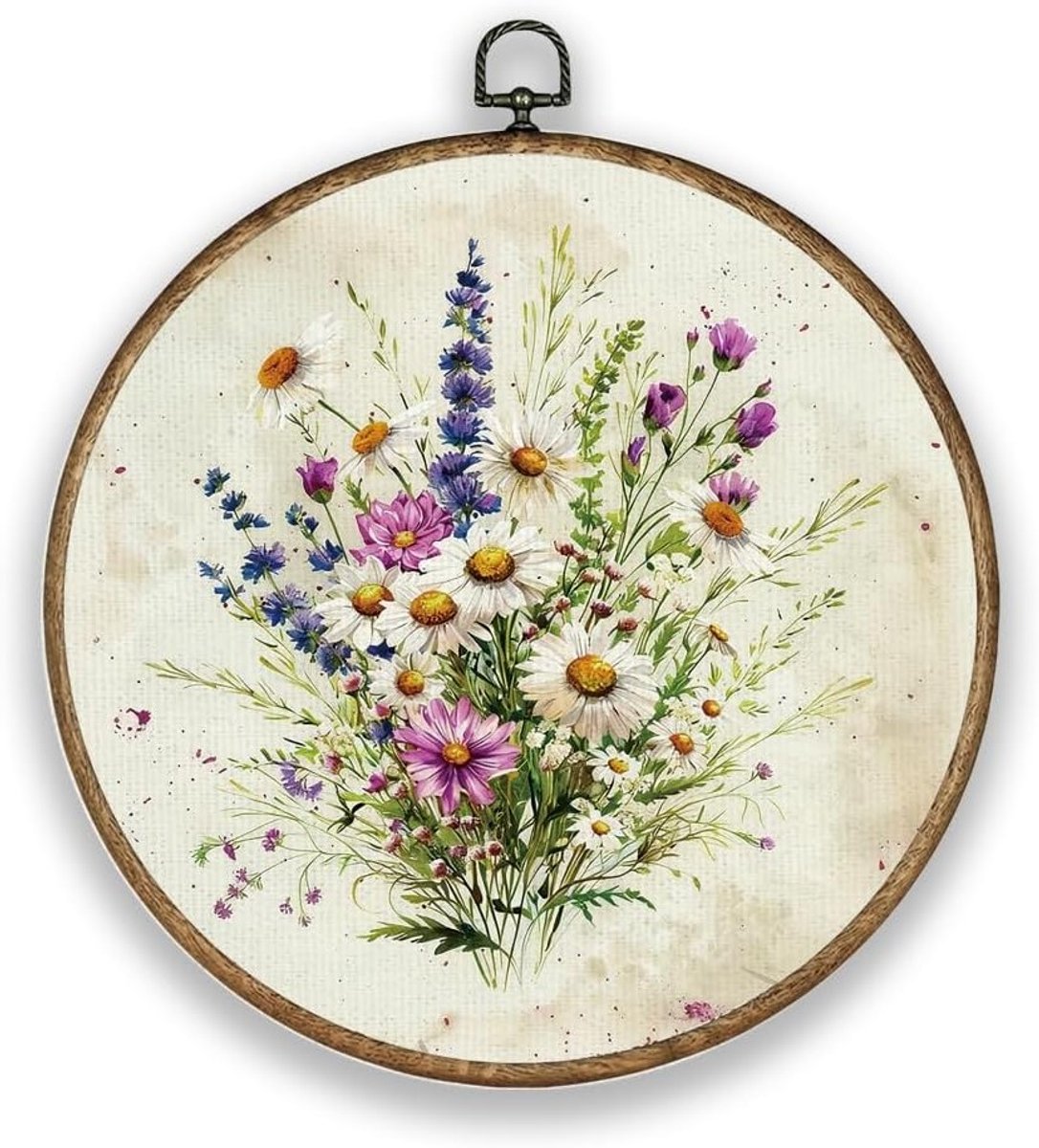 Ronde Wanddecoratie met Bloemenprint in Houtlook en Kunststof Frame voor Tuin, Café en Balkon - 26 cm Kleurvol en Duurzaam