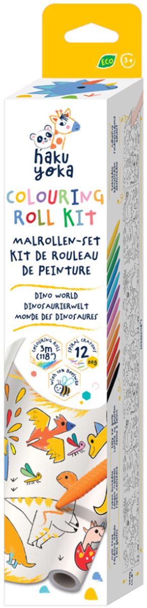 Haku Yoka: KLEURROL KIT / DINO WERELD 30x300cm, inclusief 12 waskrijtjes in spiraalvorm, afscheurbaar en zelfklevend, bevat 10% bijenwas, in doos 6,5x6,5x35cm, 3+