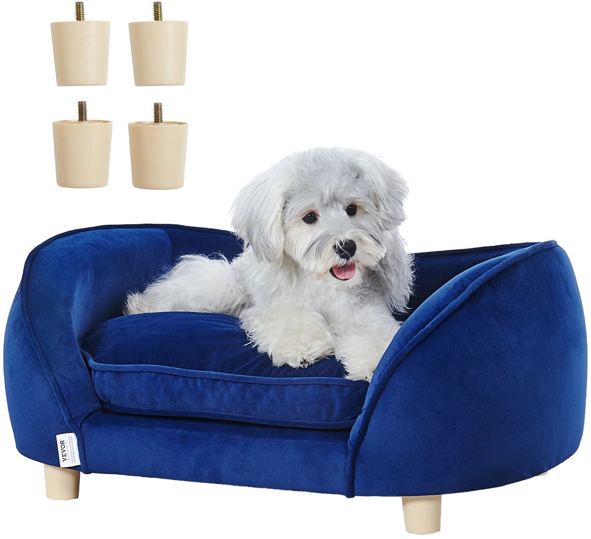 Cherrys Finds - Hondenbed - Hondenbank - Hondensofa - Kattenbed - Met Houtenpoten - Wasbare Hoes - Velvet Blauw - Tot 15kg