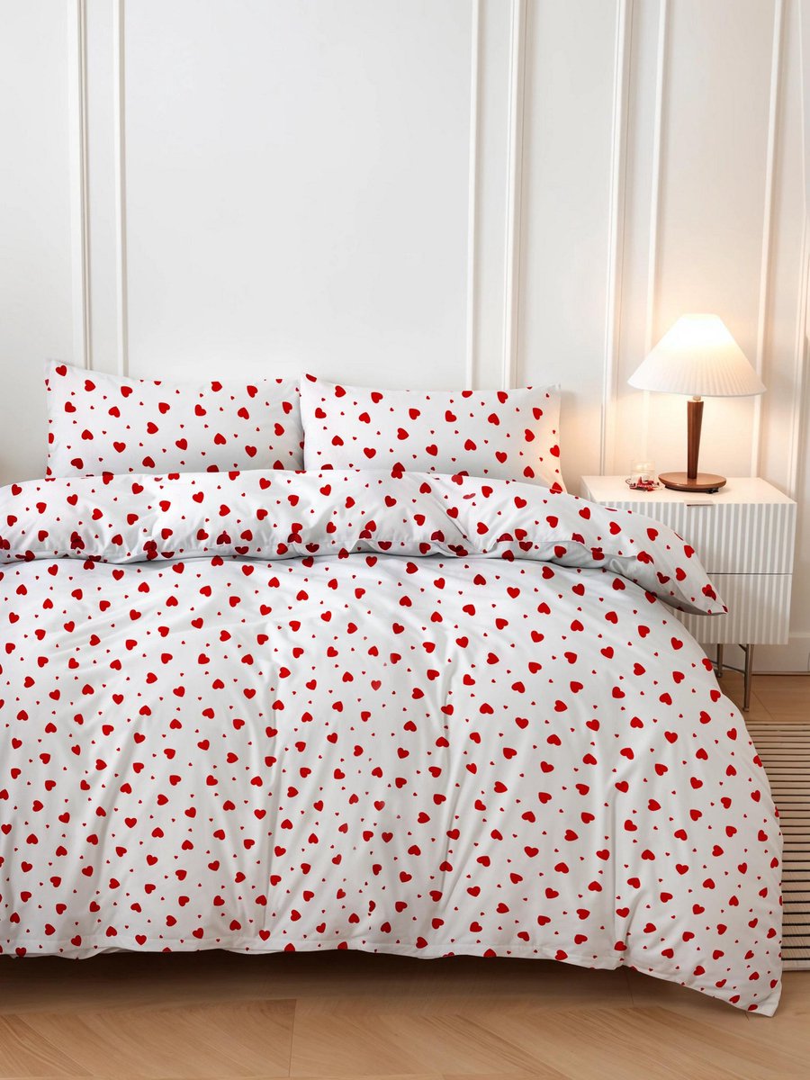 Tweepersoons Dekbedovertrekset – 200x200 cm – 50% Katoen/50% Polyester – Rood/Wit