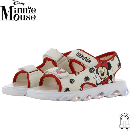 Paar crèmekleurige sandalen met rode randen, Minnie Mouse-print en verlichting in de zool.