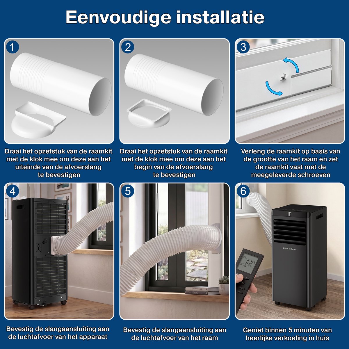 Erikssøn Mobiele Airco - 10.000 BTU - Incl. Raamafdichtingskit - Tot 30m² - 4-in-1 - Airconditioning - Ventilator - Ontvochtiger - Zwart — afbeelding 9