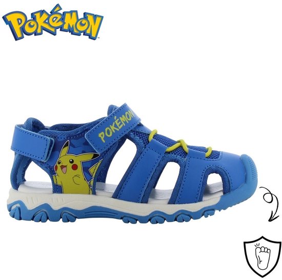Blauwe sandaal met Pikachu, 'Pokémon' logo, klittenband en gele veters.