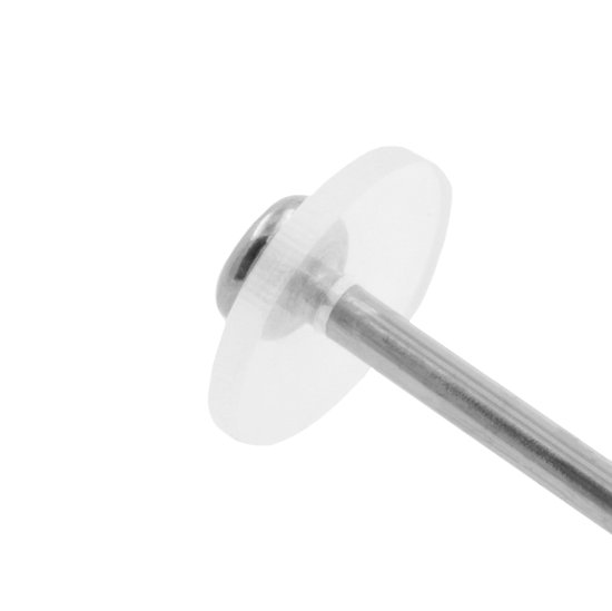 Een close-up van een doorzichtig siliconen schijfje op een staafje, met een zilverkleurige knop.