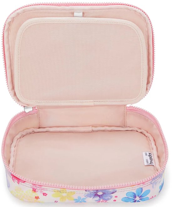 Geopend wit etui met bloemenprint, roze binnenzijde met twee compartimenten.