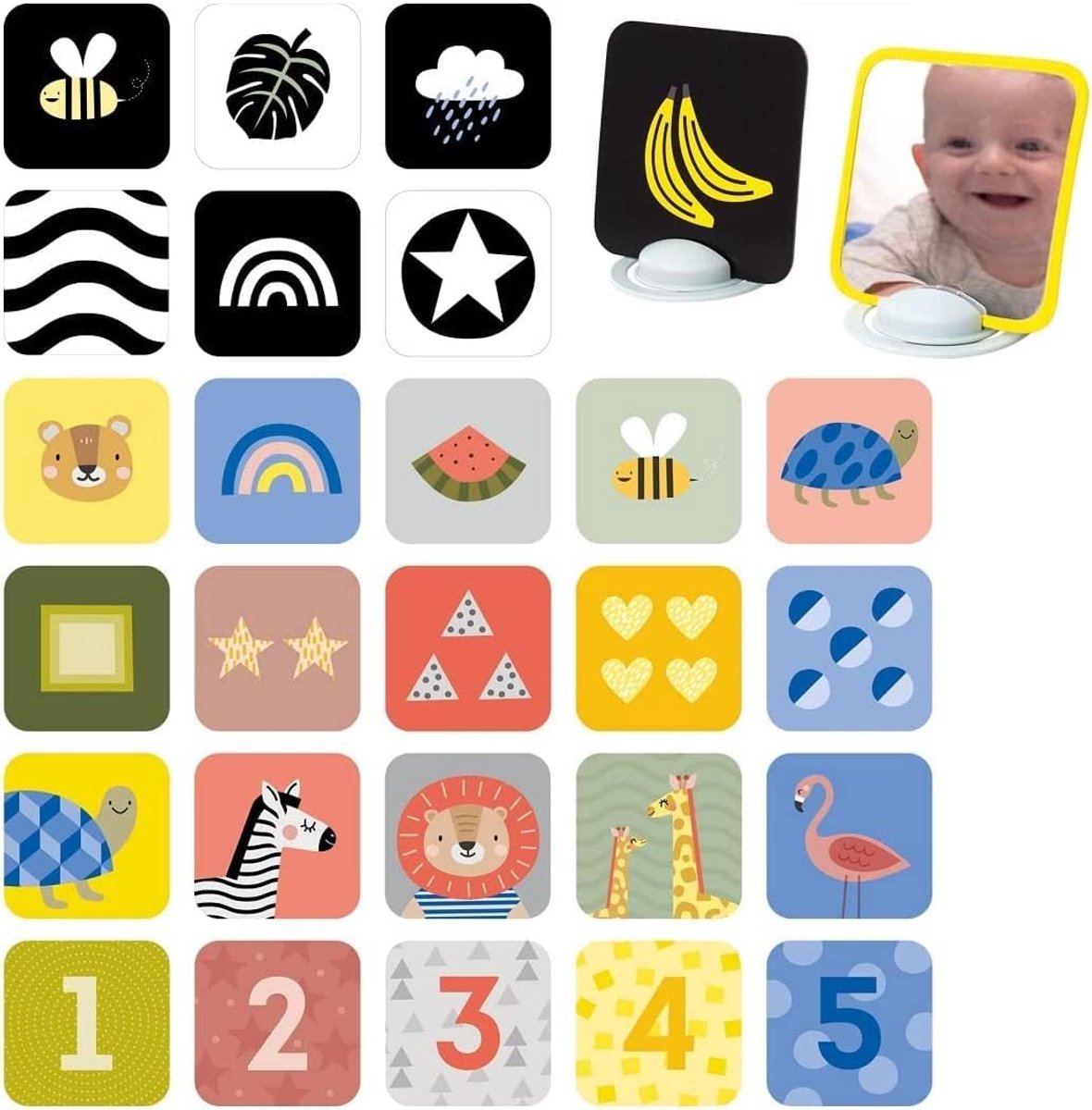 Baby Flashcards - Sensory Kaarten - Visuele Stimulatie - 3 Ontwikkelingsfasen - 15 Dubbelzijdige Kaarten - Monochroom en Kleurrijk