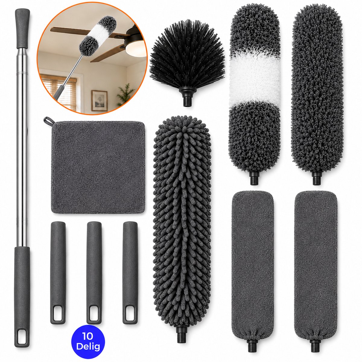 Movela Telescopische Plumeau - Microvezel Ragebol Uitschuifbaar - Verstelbare Telescoopsteel - 10-Delige Schoonmaak Set - Plumeau - Tot 250 cm - Stoffer - Duster - Wasbaar - Boekje met schoonmaaktips.