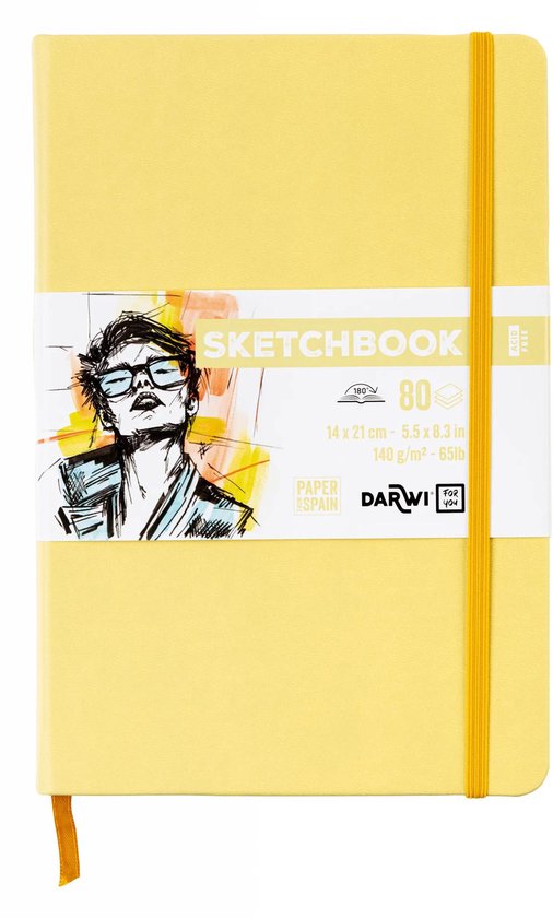 Geel schetsboek A5 met een afbeelding van een man met bril en 'SKETCHBOOK' erop.