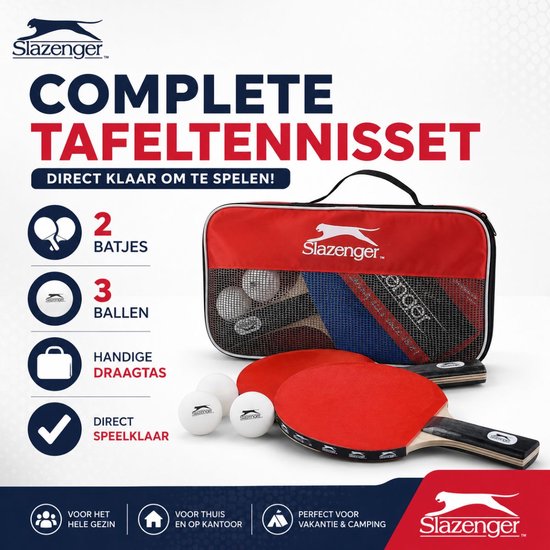 Een complete tafeltennisset met twee rode batjes, drie witte ballen en een rode draagtas. De set is 'Direct klaar om te spelen'.