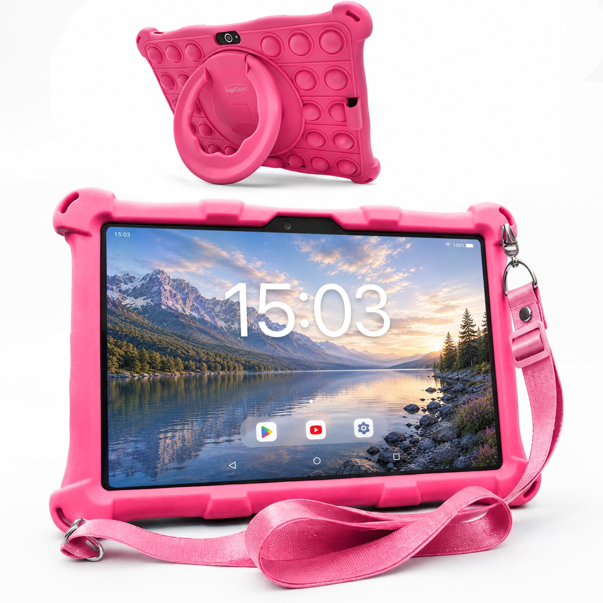 AngelTech Kindertablet XL – 3+4GB RAM - 32+64GB – Android 14 - 100%Kidsproof – Extra Groot – Vanaf 3 Jaar - Ook Voor Volwassen Gebruik - 10 Inch - Ouderlijk Toezicht – Fidgy Beschermhoes – Roze