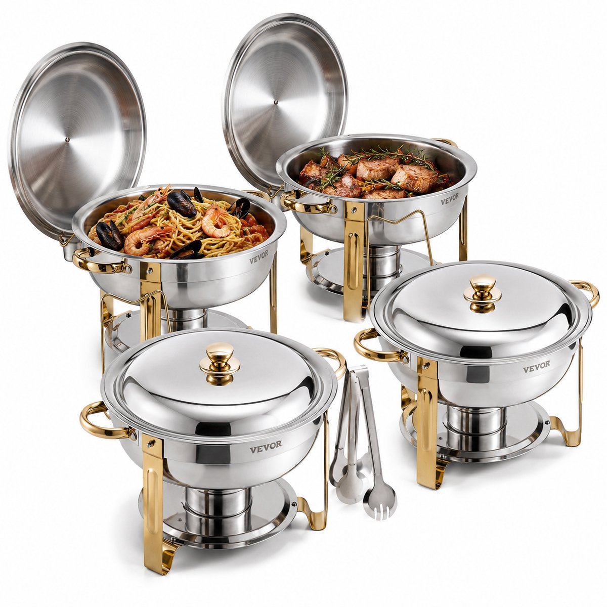 Sello! chafing dish set – set van 4 – warmhoudschalen – buffet– koud en warm– 4,7L per pan – luxe gouden afwerking – rvs