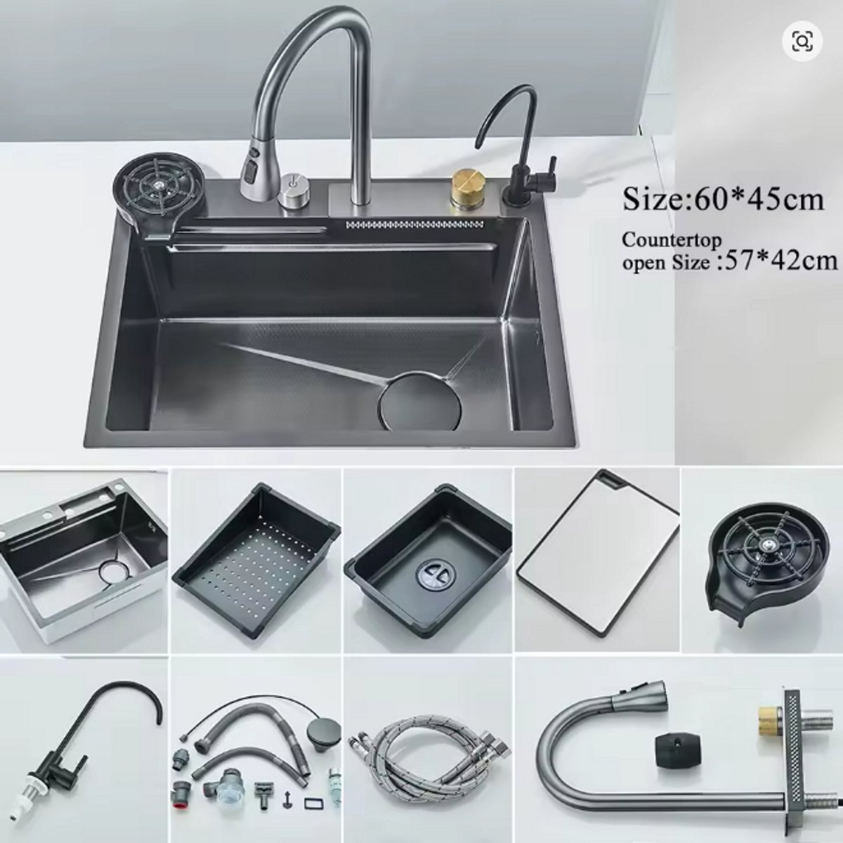 RVS 304 Waterval Keukenspoelbak – Grote Enkele Spoelbak – Geïntegreerd Digitaal Display – Inclusief Kraanset, Zeepdispenser en Bekerwasmachine – Luxe Keukenoplossing