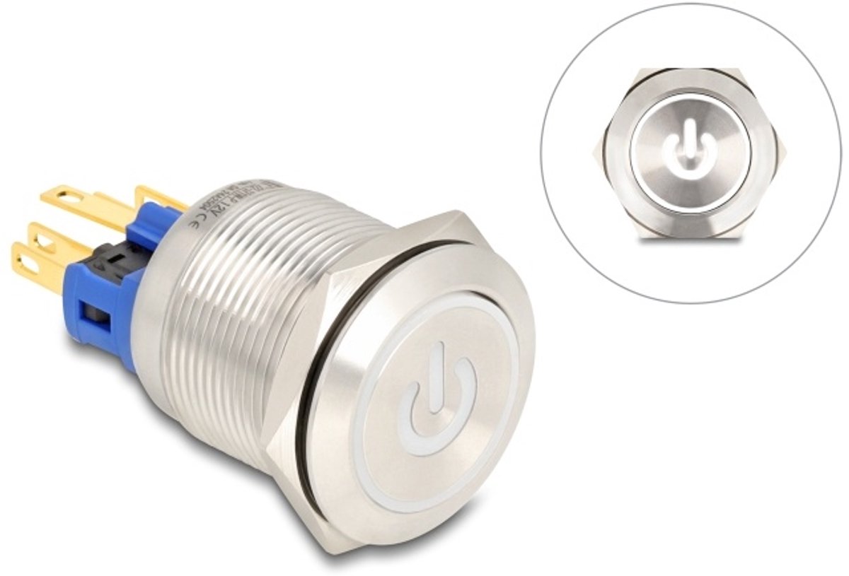 Delock Push Button for Installation 22 mm 6 x solder connection LED white power symbol + ring