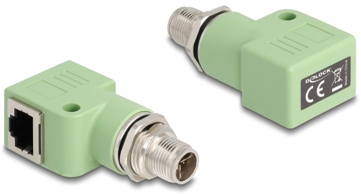 Delock M12 Adapter X-coded 8 pin male to RJ45 jack Cat.5e with mounting hole 90° angled green