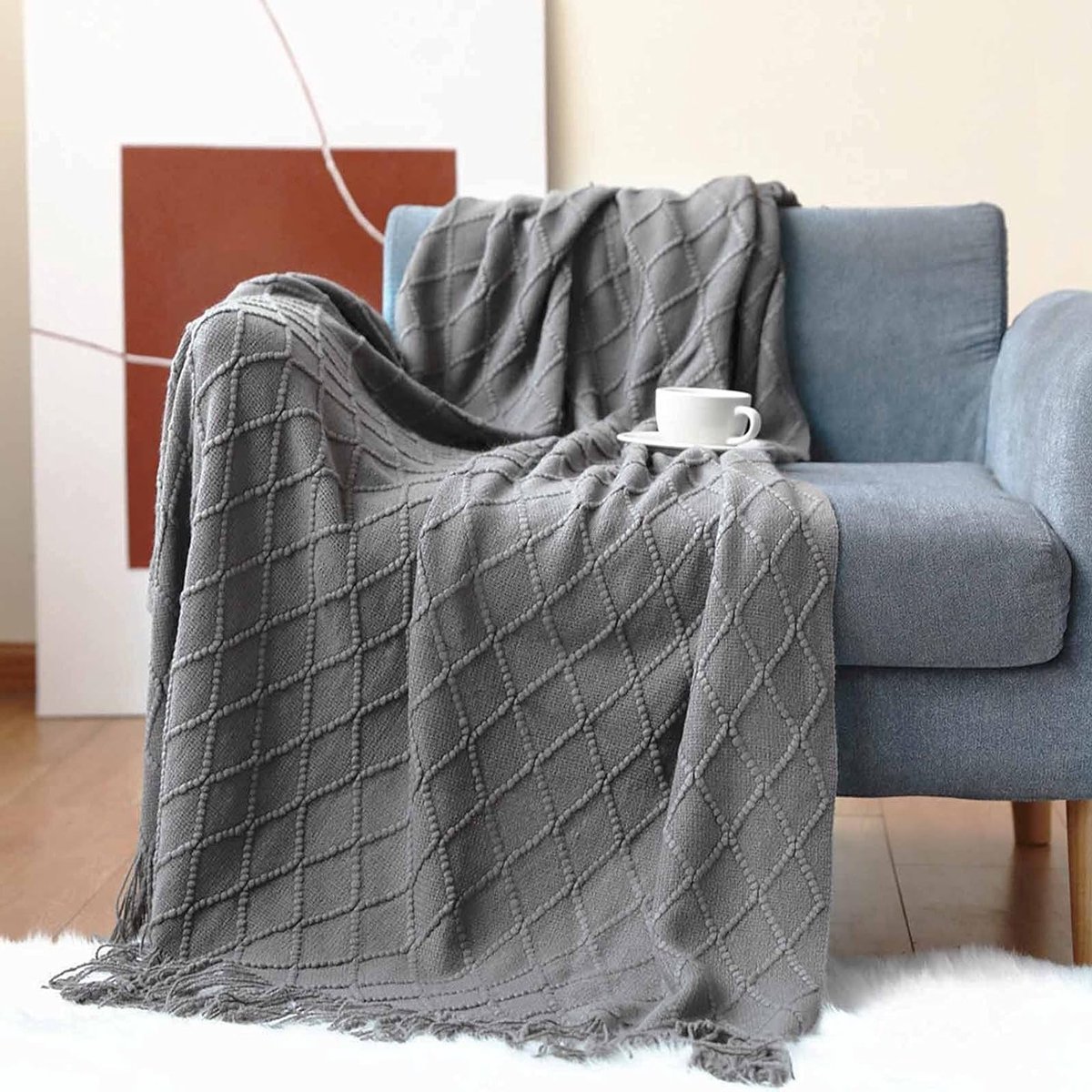 Gehaakte Plaid met Franje - Effen Kleur Scandinavische Warme Deken, Trendy Zachte Bedsprei voor Bank, Decoratieve Deken 130x230cm, Ideaal voor Woonkamer en Slaapkamer