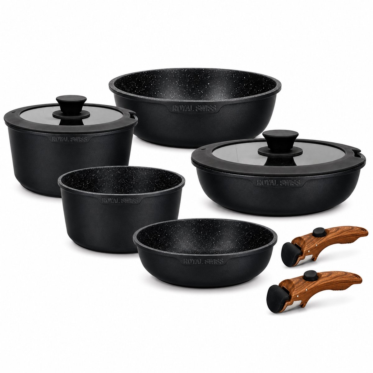 Royal Swiss® Pannenset 9-delige – Kookpannen met Afneembare Handgrepen – pannenset inductie – PFOA & PFAS-vrij