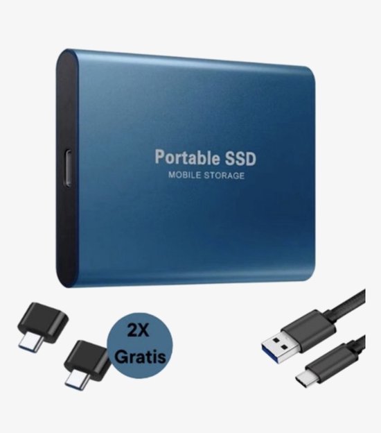 Portable SSD – Externe SSD – 2TB opslag – blauwe SSD – inclusief USB C kabel – USB 3.1 – draagbare SSD – SSD harde schijf – externe harde schijf 2TB – SSD voor laptop – blauw – geschikt voor Windows, Mac en Android
