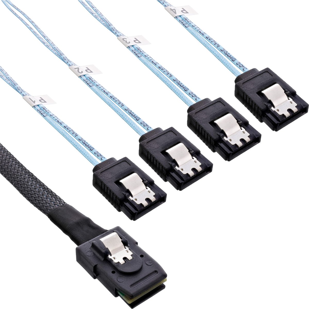 InLine® SAS verbindingskabel, Mini SAS SFF8087 naar 4x SATA, crossover, OCF, 1m
