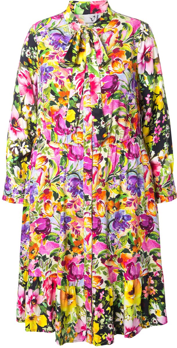 Ulla Popken Dames - Midi-jurk motiefmix A-lijn V-hals lange mouwen - Zomerbes - Maat 54+