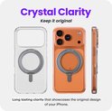 Coque iPhone transparente à côté d'une coque iPhone orange avec anneau MagSafe. 'Crystal Clarity'.