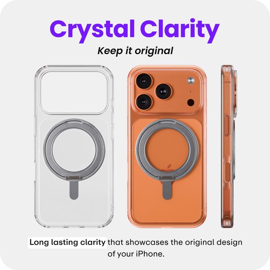 Coque iPhone transparente à côté d'une coque iPhone orange avec anneau MagSafe. 'Crystal Clarity'.