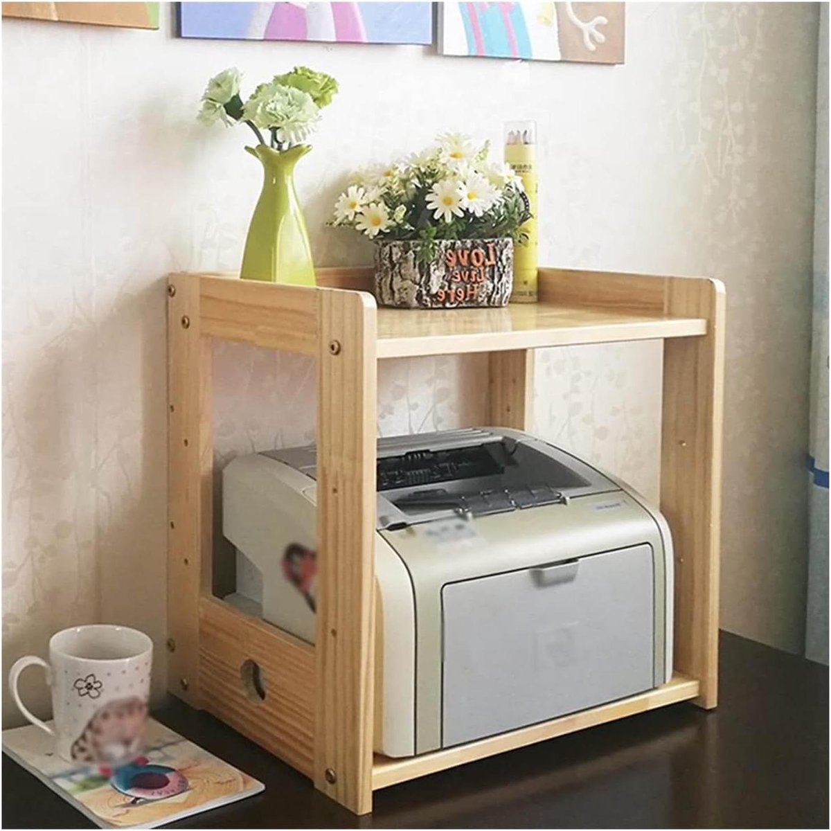 Printerstand Hout - Bureau Organizer - Werkplek Organiseren - Stabiele Constructie - 63x38x47cm - Houtkleur