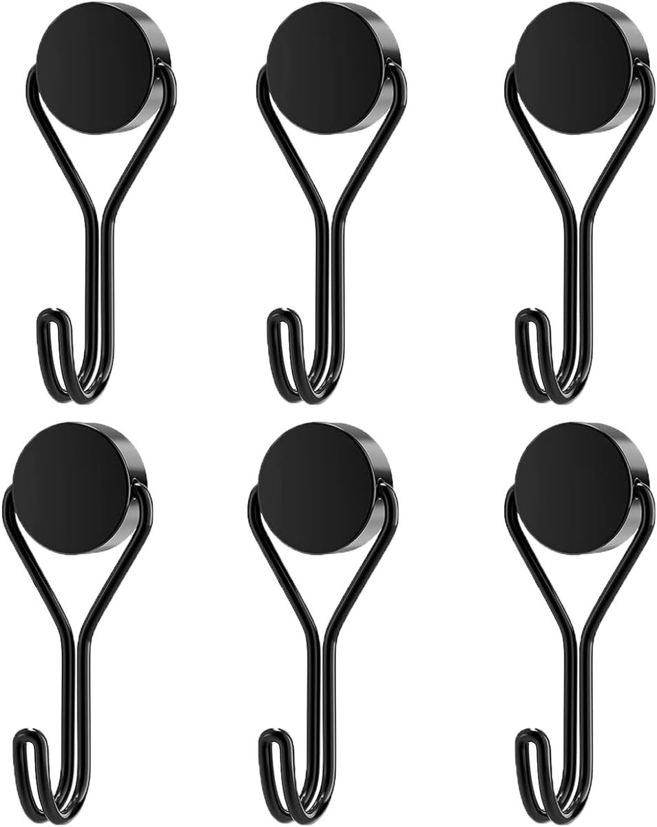 Zes magnetische haken met neodymium, draaibaar en extra sterk voor ijzeren deuren, koelkast en kledingrekken, zwart (20mm)