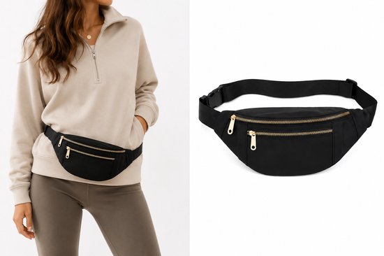 Femme portant un sac banane noir. Le sac comporte deux fermetures éclair dorées.