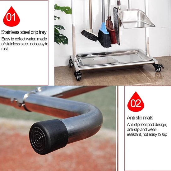 Mobiele Bezeme Wagen - Schoonmaakkar - Schoonmaak Organiseren - Met Drip Tray - 66 x 42 x 105 cm - Zilver — afbeelding 4
