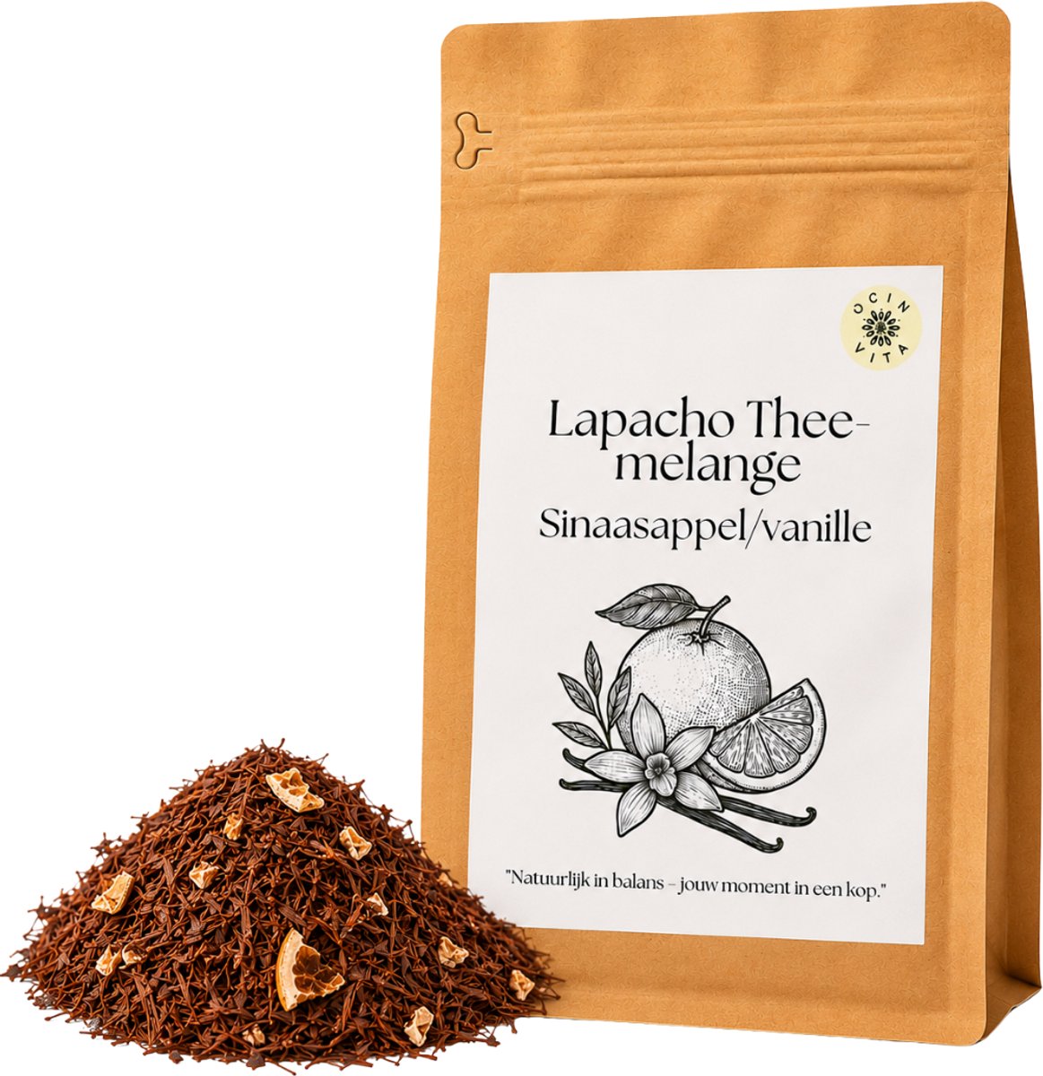 Lapacho Thee Sinaasappel & Vanille 100g – Cafeïnevrije Kruidenthee – Zachte Citrus & Vanille Melange – Losse Thee – Ocin Vita