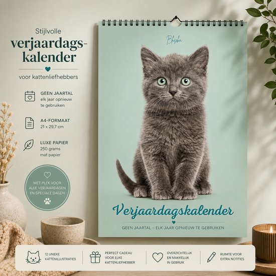 Verjaardagskalender Katten - Exclusieve Katten Illustraties - Kalender - Wandkalender - Maandkalender - Planner - Verjaardag - A4 Formaat - Jaarplanner - Zonder Jaartal - Verjaardagskalenders - Jaarkalender - Cats - Fantasy - Cat - Calendar - Kat