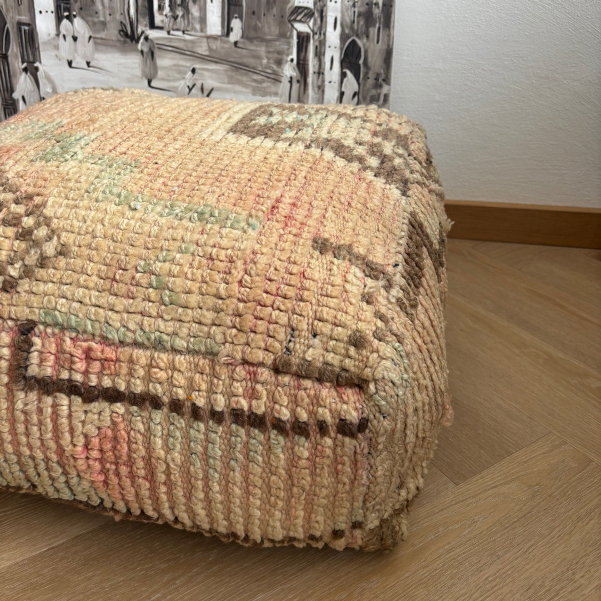 Unlimited Living Poef / Vloerkussen - Marokkaans - Boujaad - Gevuld - Handgemaakt - 60x60 cm - Meerkleurig/lichtroze/lichtblauw/bruin