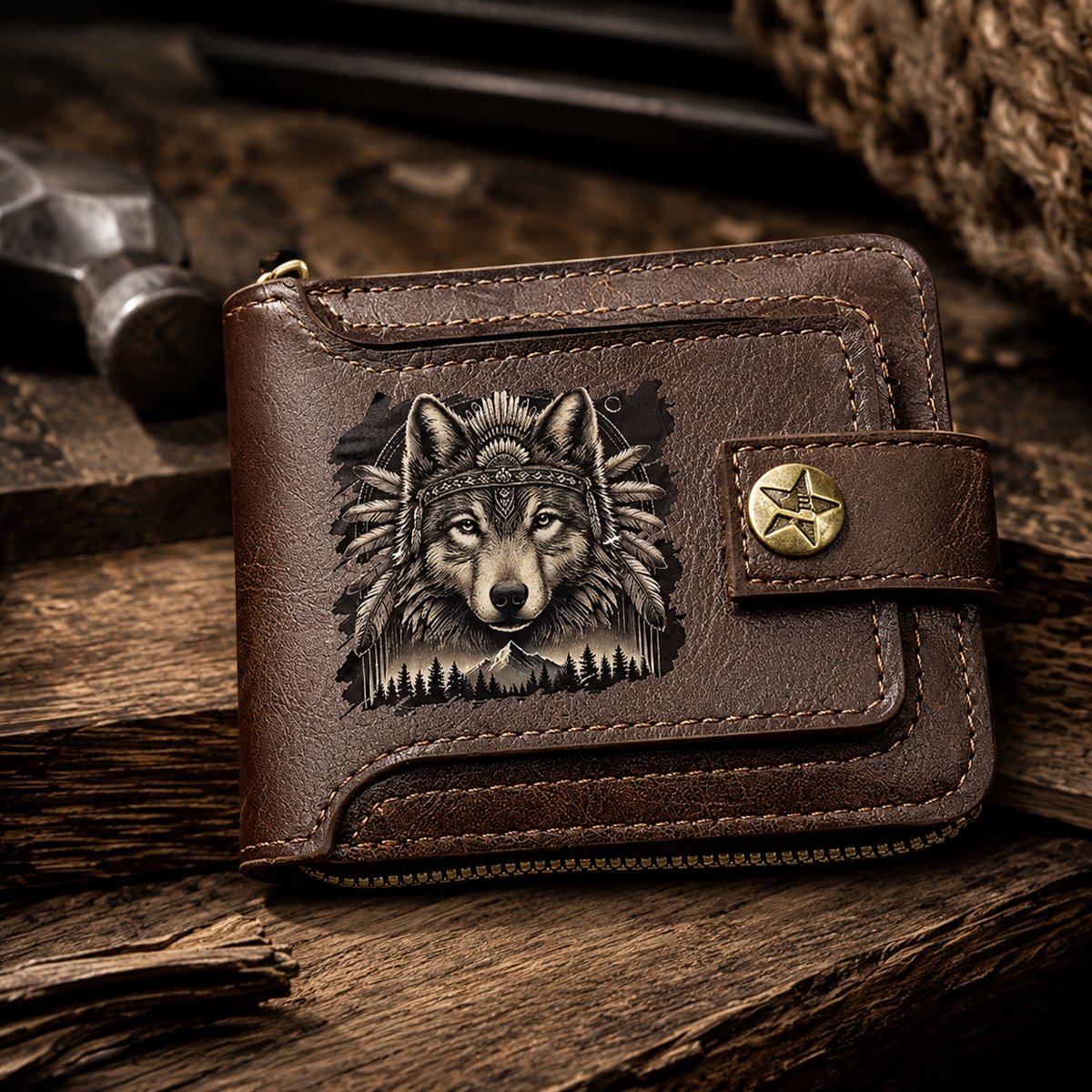 Wolf Spirit Heren Portemonnee Bruin– Luxe RFID Leren Wallet met Rits & Kaartvakken – Stoer Outdoor Design met Wolfprint