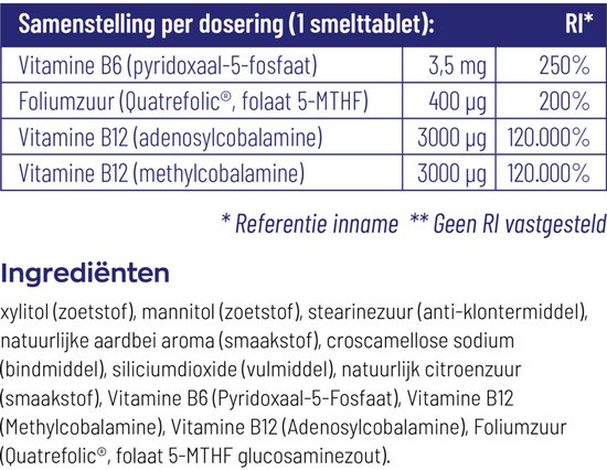 Gedetailleerd etiket met ingrediënten en samenstelling per dosering van 1 smelttablet.
