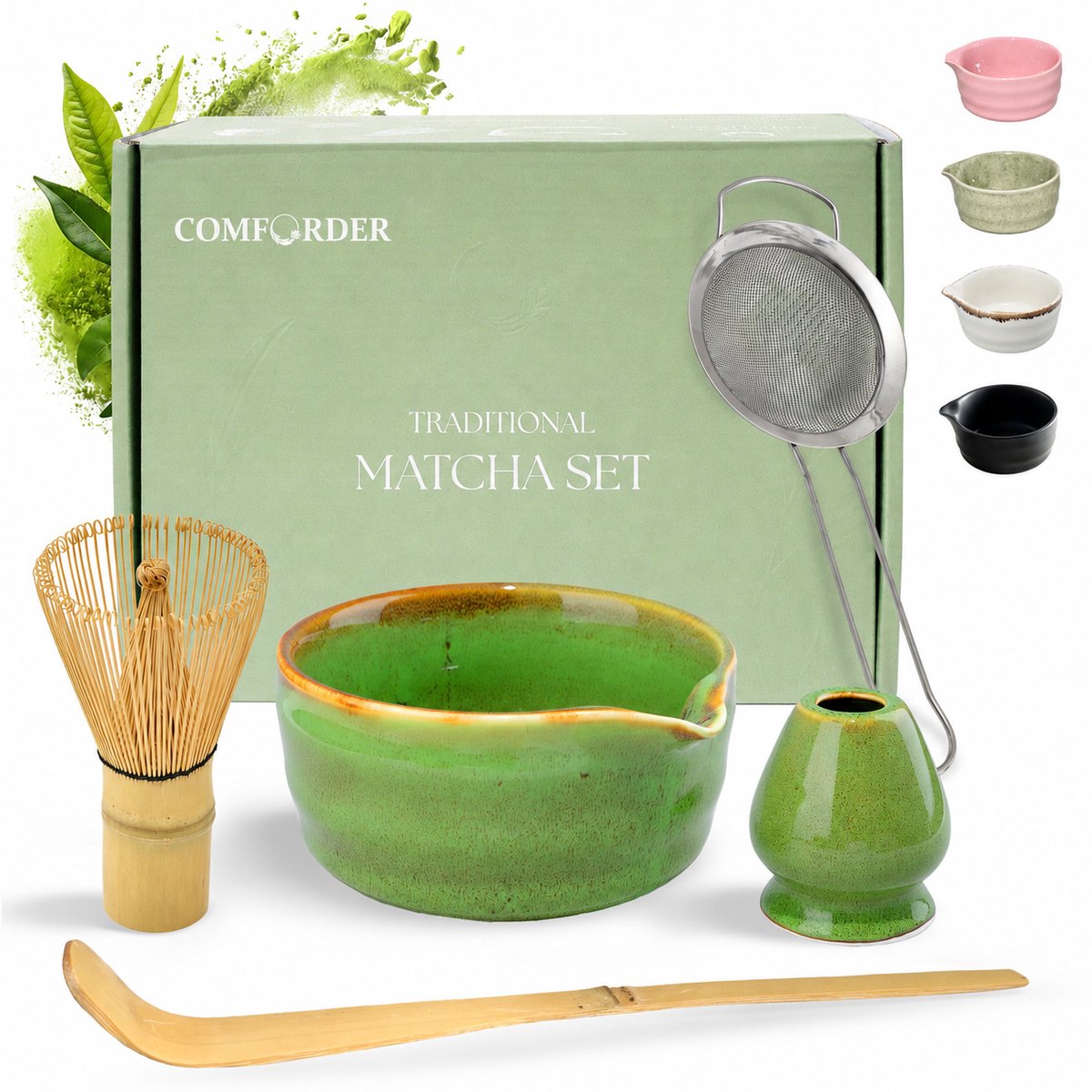 Comforder Matcha Set - Starterkit met Whisk Klopper en Kom - Thee Set Groen