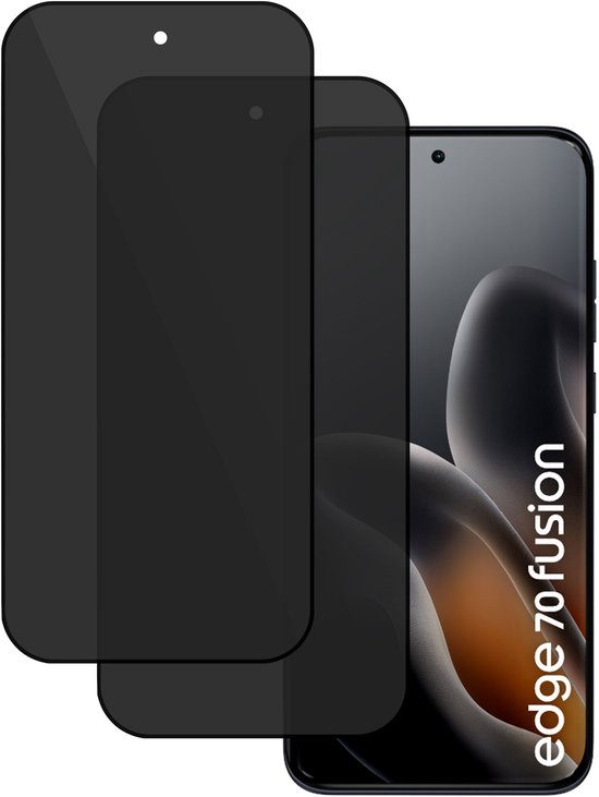 Twee privacy screenprotectors op een telefoon. Tekst "edge 70 fusion".