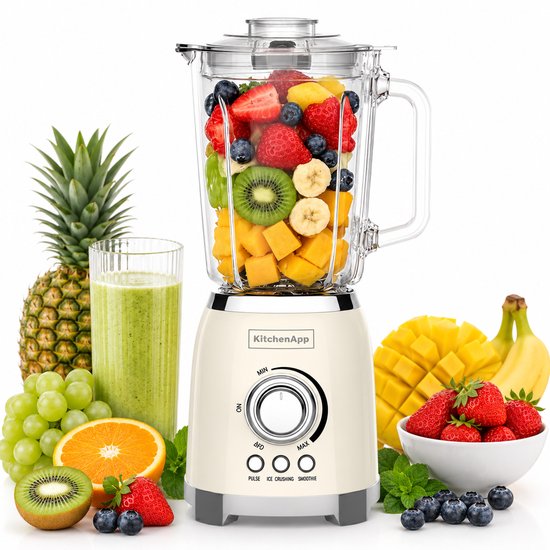 KitchenApp Retro Blender 1.5L – Glazen kan – 800W – Crushed Ice, Smoothie & Pulse – Beige