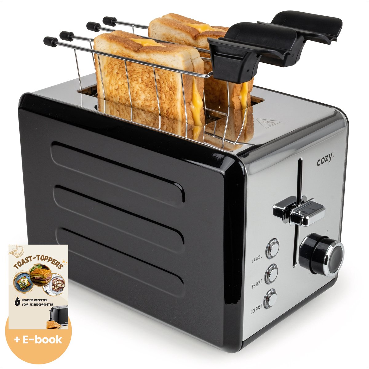 cozy.® Metalen Broodrooster met Tostiklemmen - Tosti Apparaat 815W - Retro Tosti Ijzer & Toaster - Brede Sleuven & 6 Standen - Ontdooi & Verwarm functie - Inclusief E-book - Broodrooster Zwart
